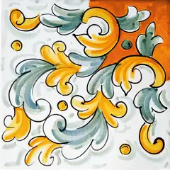 Decorated tile with yellow scrolls, gray-green leaves and small circles on a light background with an orange corner