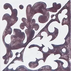 Decorated tile with stylized leaves and purple scrolls arranged diagonally on a white background
