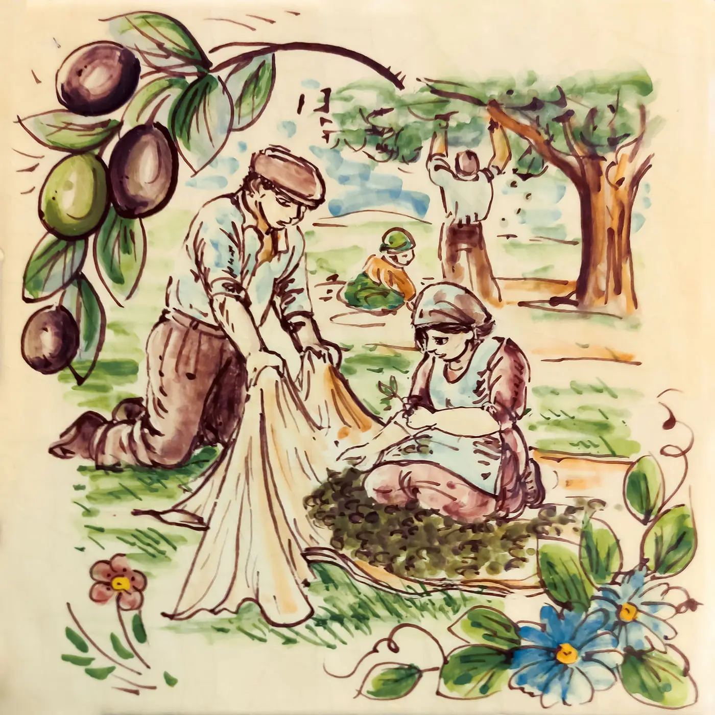 Decorated tile with an olive harvest scene with figures, an olive tree, olive-laden branches and blue flowers on a light background