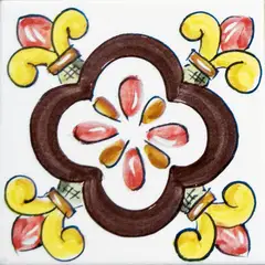 Decorated tile with a brown quatrefoil with a white center and red petals, yellow scrolls and red corner details