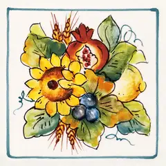 Decorated tile with a yellow sunflower, an open pomegranate, a lemon, blue fruits and wheat ears among green leaves with a green frame