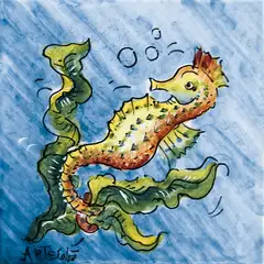 Decorated tile with a yellow and orange seahorse arranged diagonally, with green seaweed and bubbles on a pale blue background