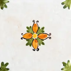 Decorated tile with a small central flower with orange petals and green leaves, dark curls and green leaves at the corners on a light background