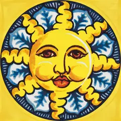 Decorated tile with a smiling yellow sun in a blue and white medallion with small plant motifs on a yellow background
