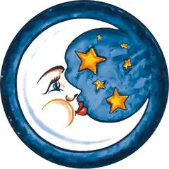Decorated tile with a white moon with a face and yellow stars in a round blue medallion on a white background
