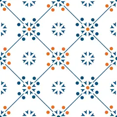 Decorated tile with a blue diamond lattice with geometric blue stars and small blue and orange dots on a white background