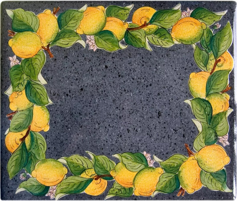 rectangular lava stone table with shiny stone background and lemons decoration