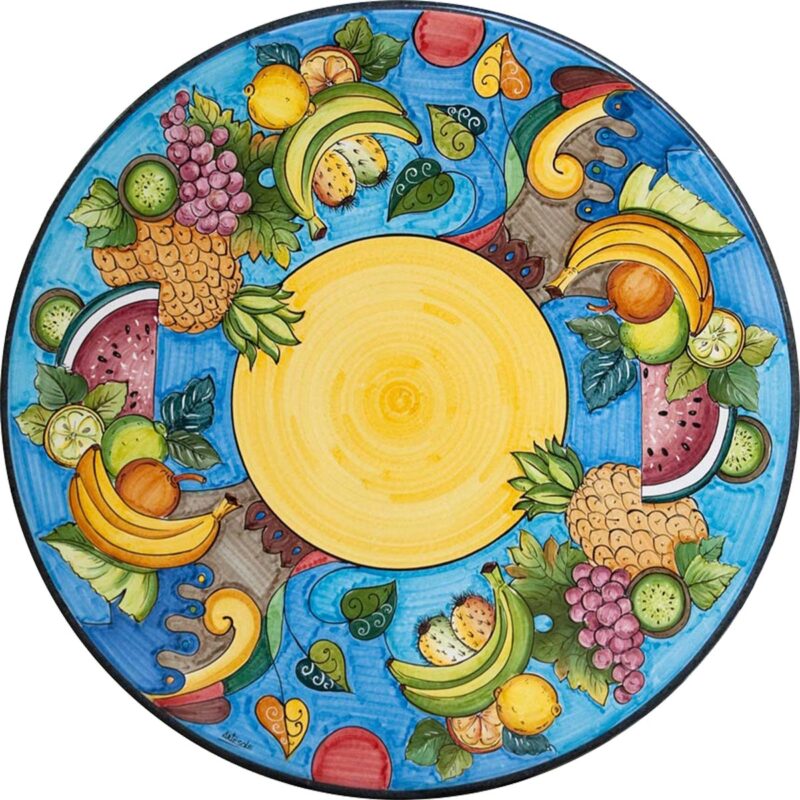 Round lava stone table with summer fruit decoration, hand painted