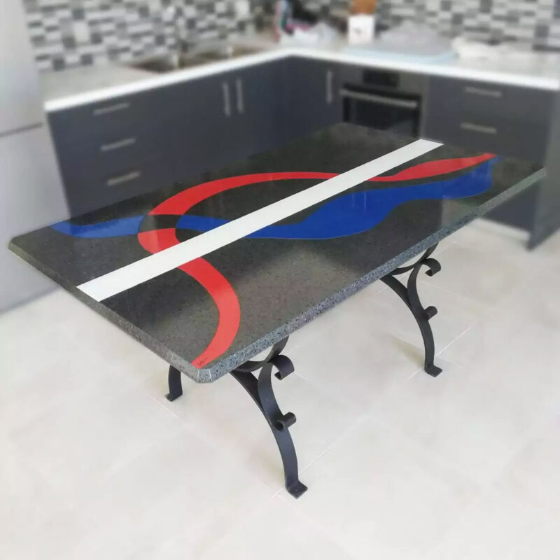 modern lava stone table with hand-painted colored bands
