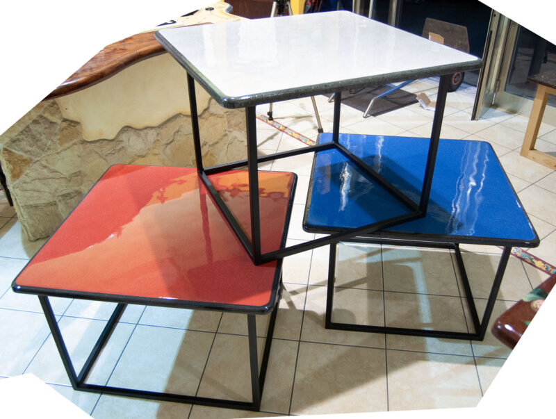 modern tables in white, red and blue lava stone