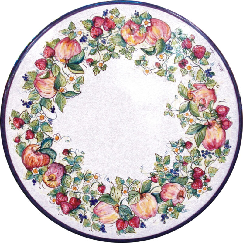 round lava stone table with melany, apples, strawberries decoration
