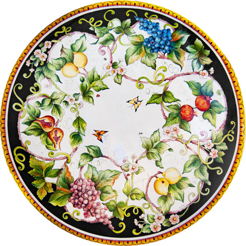Lava stone table top with hand painted flowers, grapes, lemons and pomegranates decoration